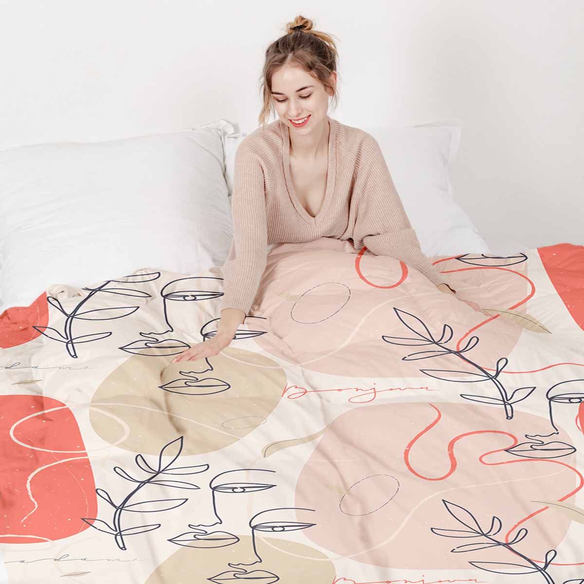 Original Therapiedecke - Ensemble de literie en coton Beige avec visage abstrait