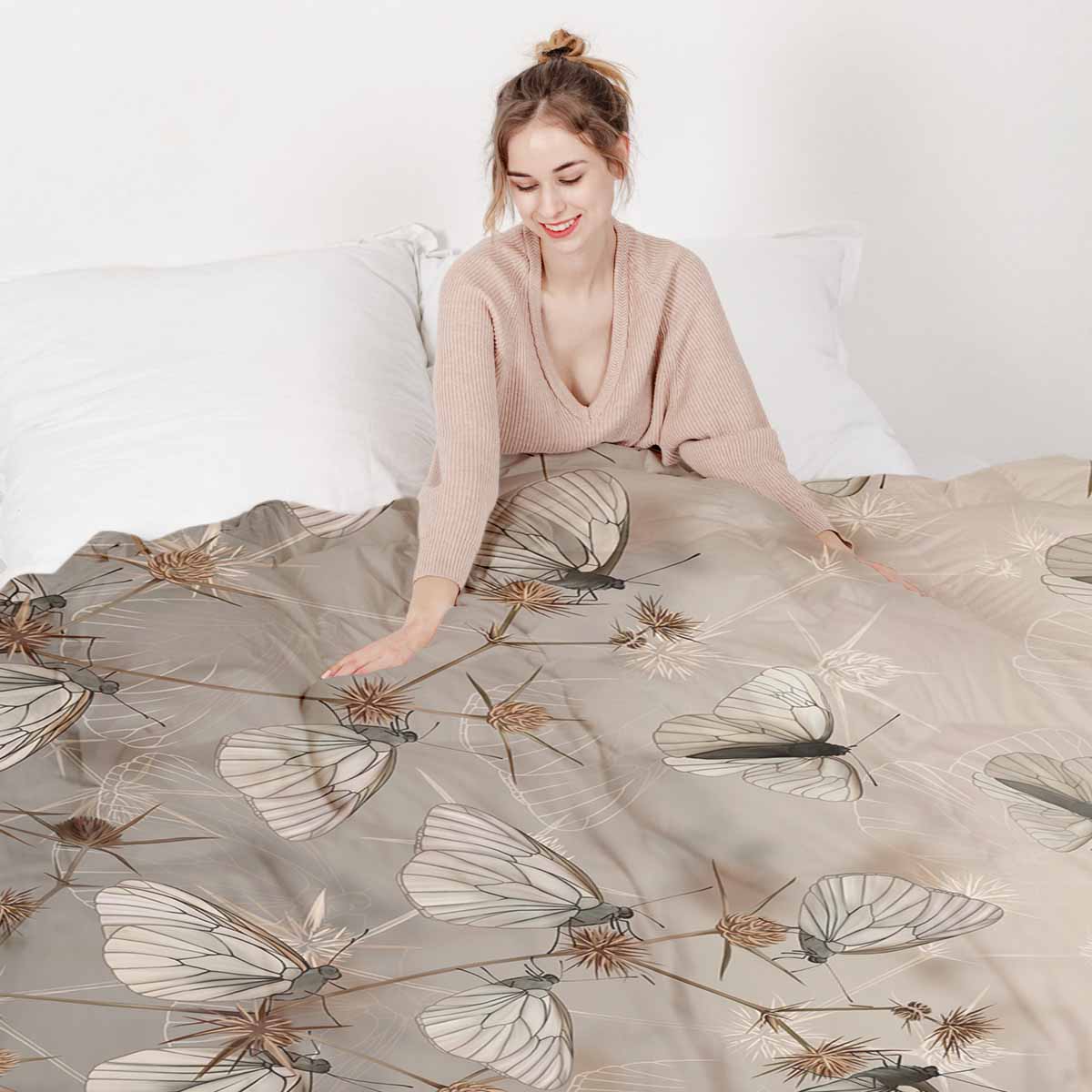 Original Therapiedecke - Ensemble de literie en coton Beige avec papillons