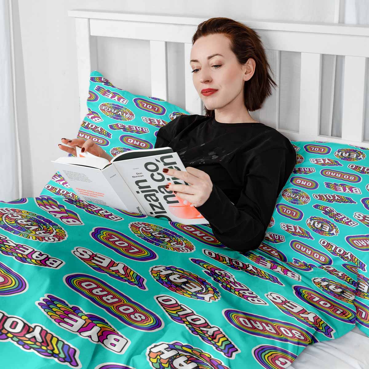 Couverture thérapeutique originale - Housse en coton turquoise avec inscriptions