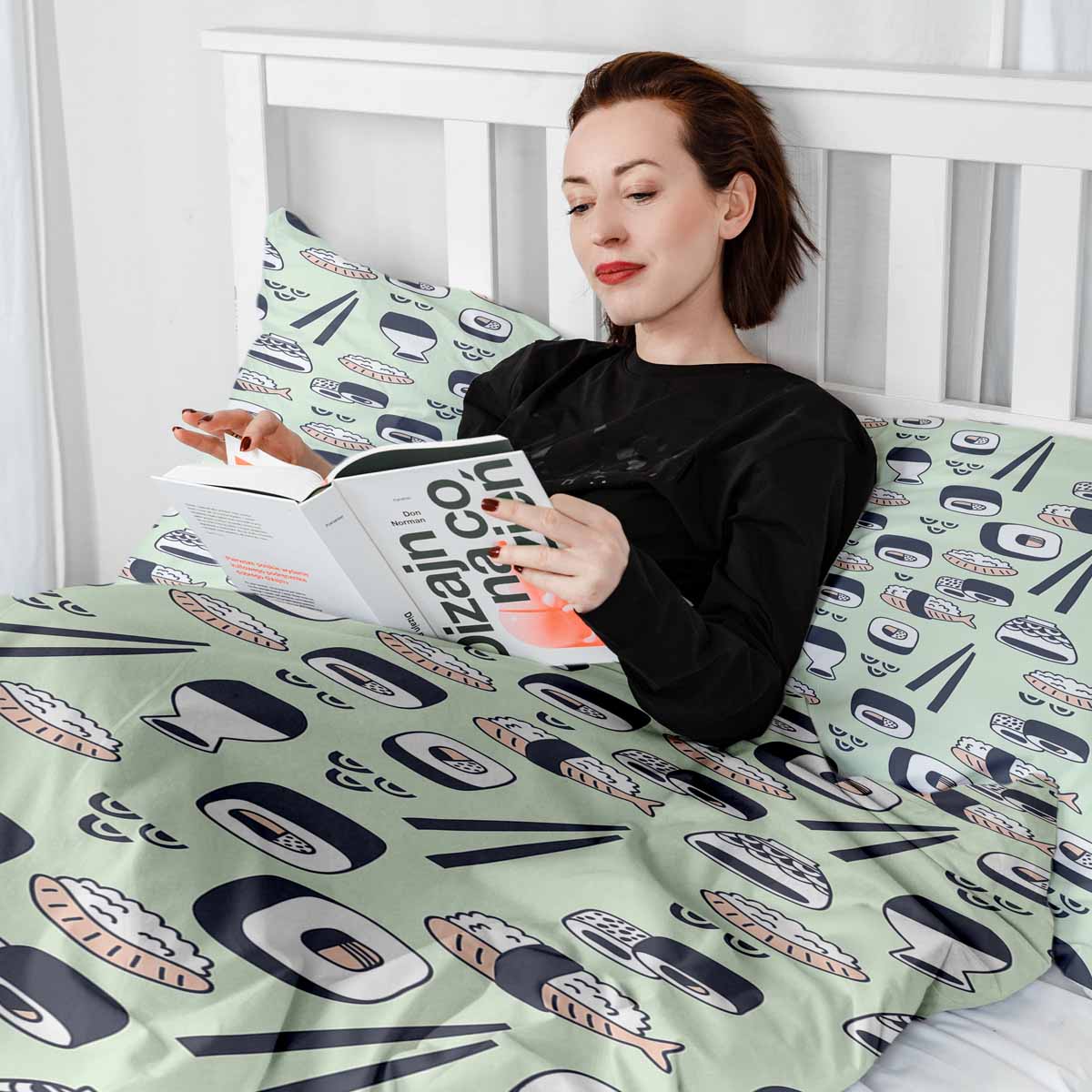 Couverture thérapeutique originale - Housse en coton vert clair avec sushi