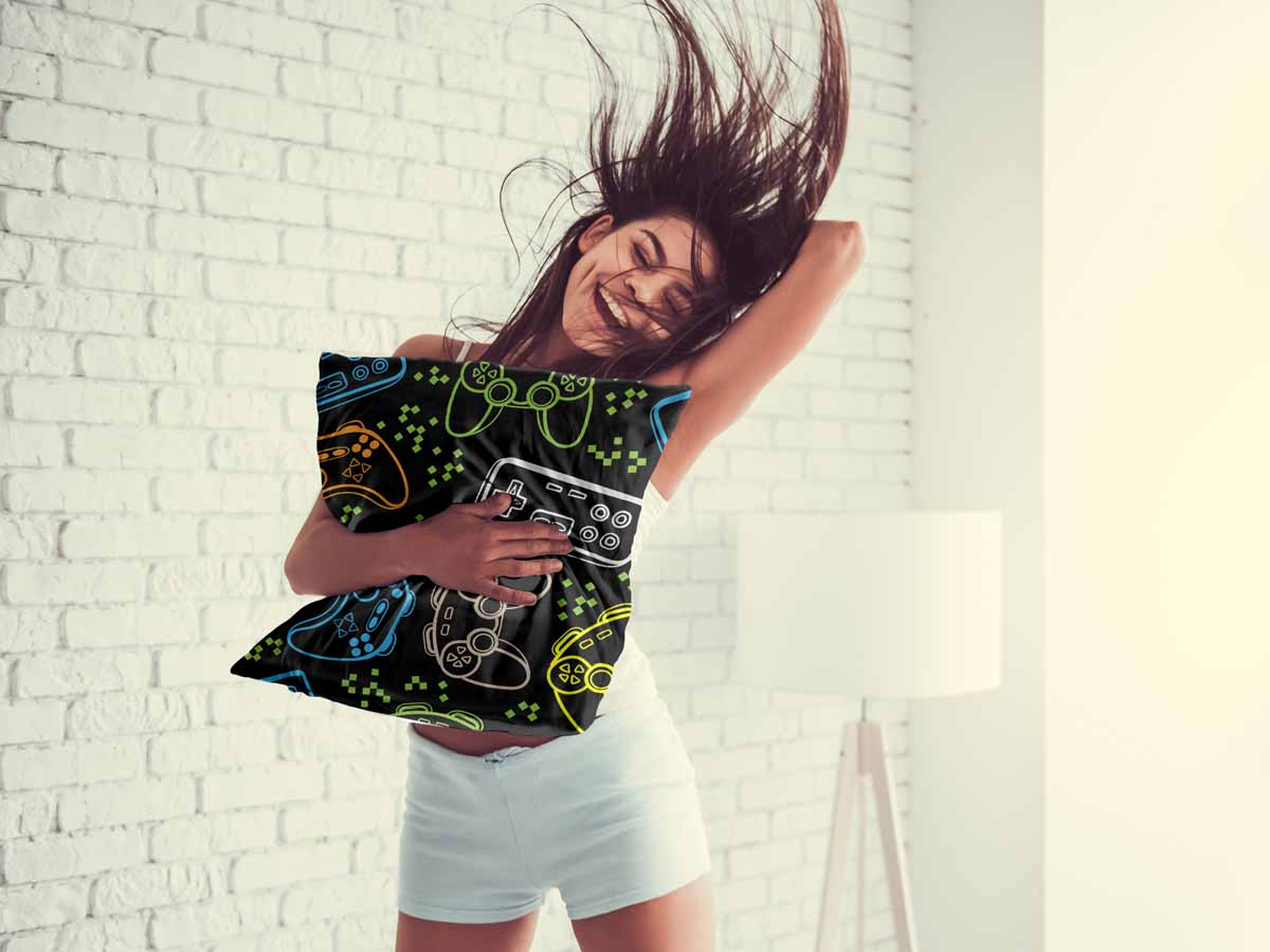 Coussin de santé noir avec consoles de jeux