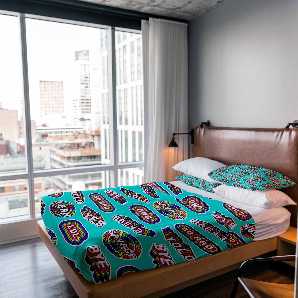 Couverture thérapeutique originale - Housse en coton turquoise avec inscriptions