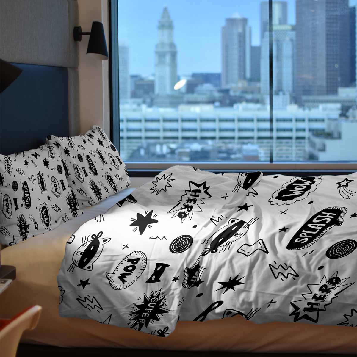 Ensemble de literie avec couverture thérapeutique blanche avec super-héros