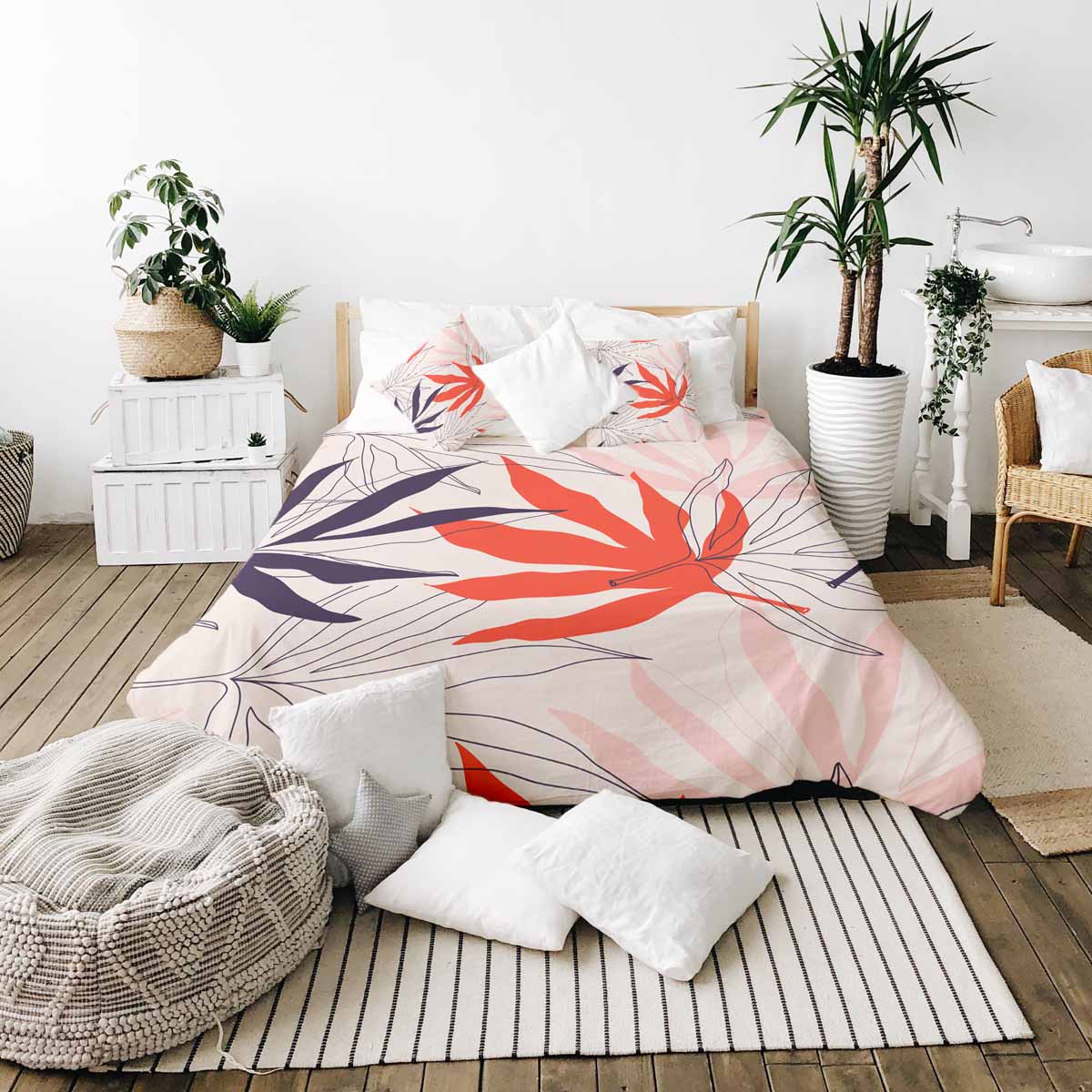 Original Therapiedecke - Parure de lit en coton Beige avec feuilles colorées