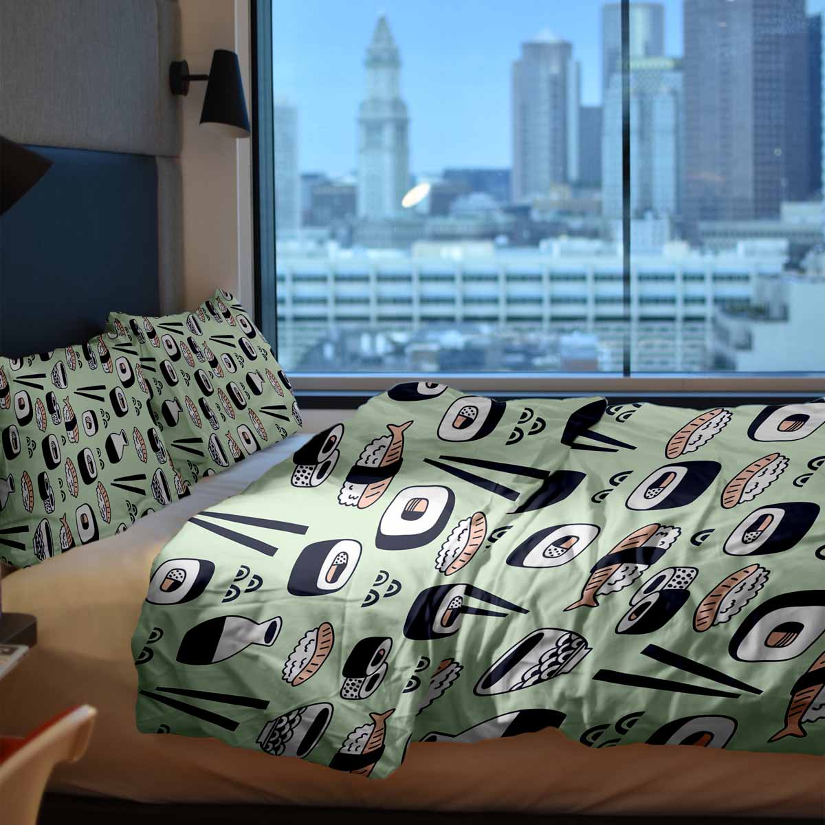 Couverture thérapeutique originale - Housse en coton vert clair avec sushi