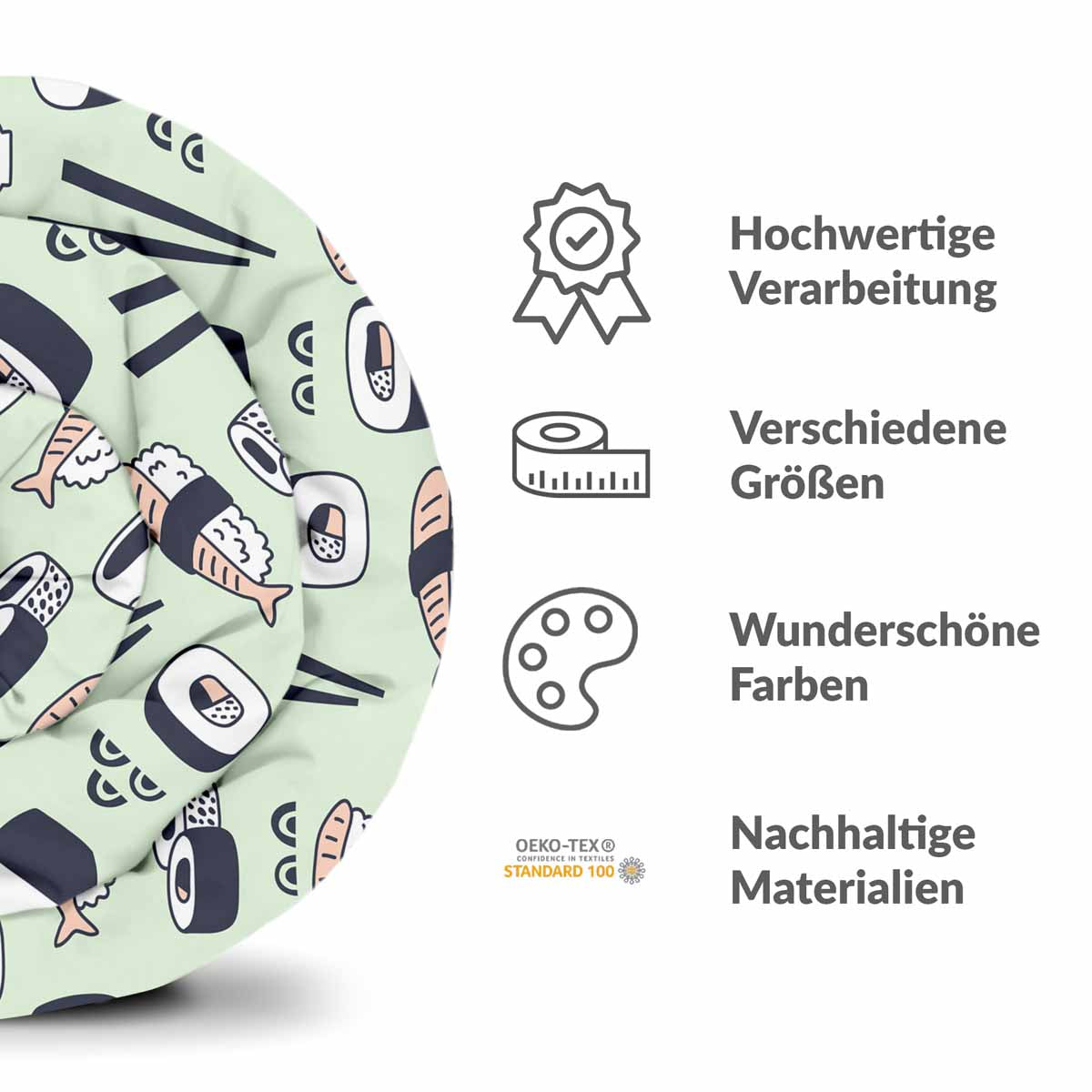 Couverture thérapeutique originale - Housse en coton vert clair avec sushi