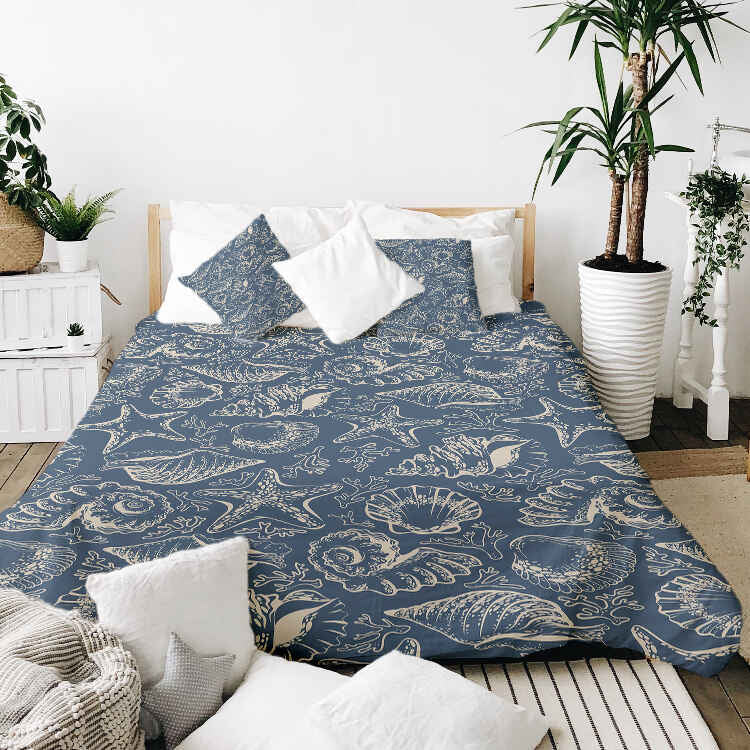 Couverture thérapeutique originale - Housse en coton bleue avec coquillages