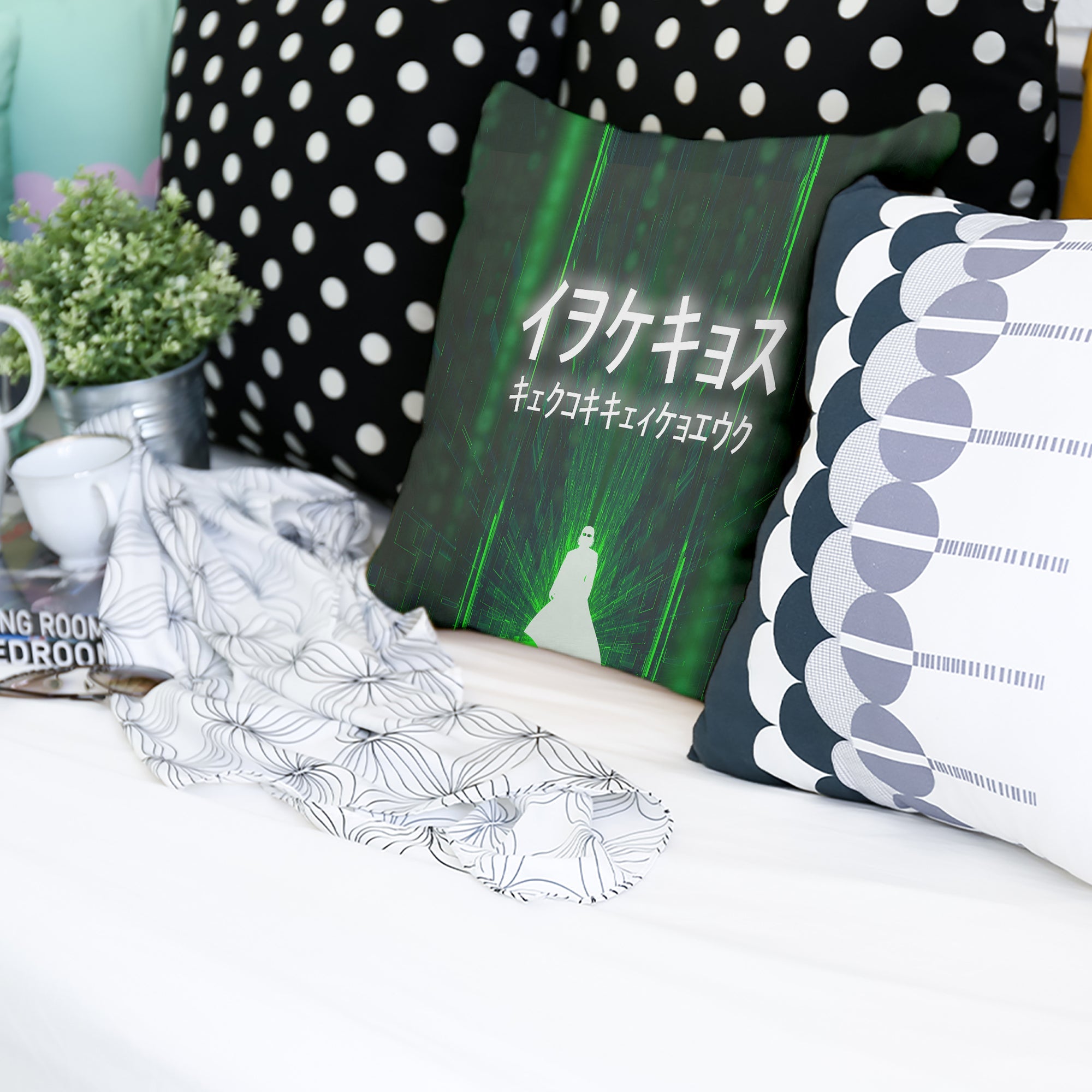 Coussin de santé en vert avec caractères écrits