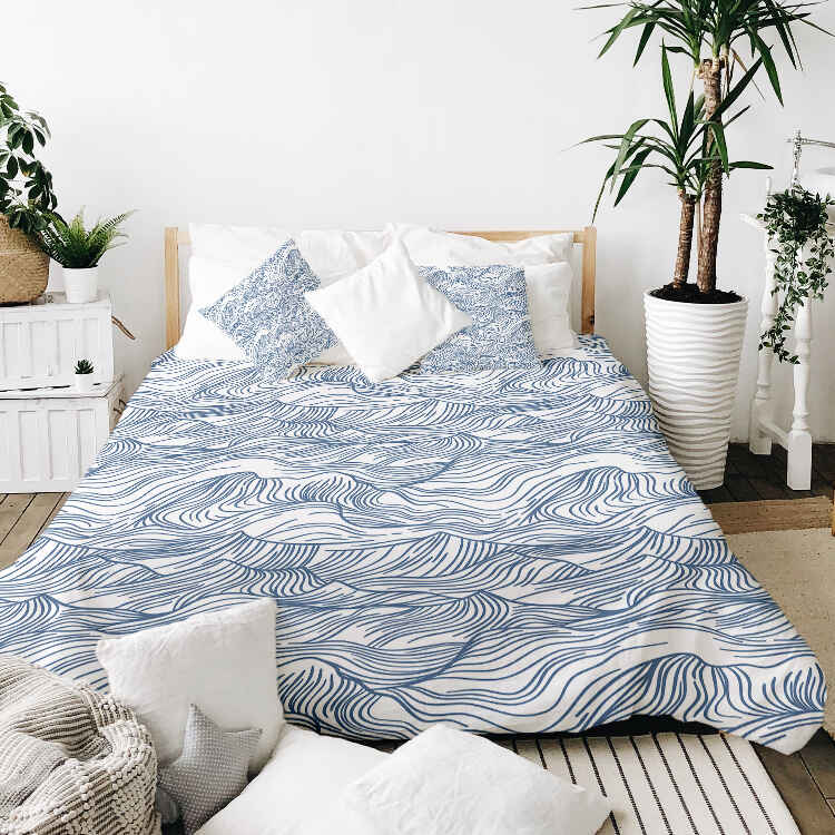 Ensemble de linge de lit avec couverture thérapeutique motifs ondulés en bleu