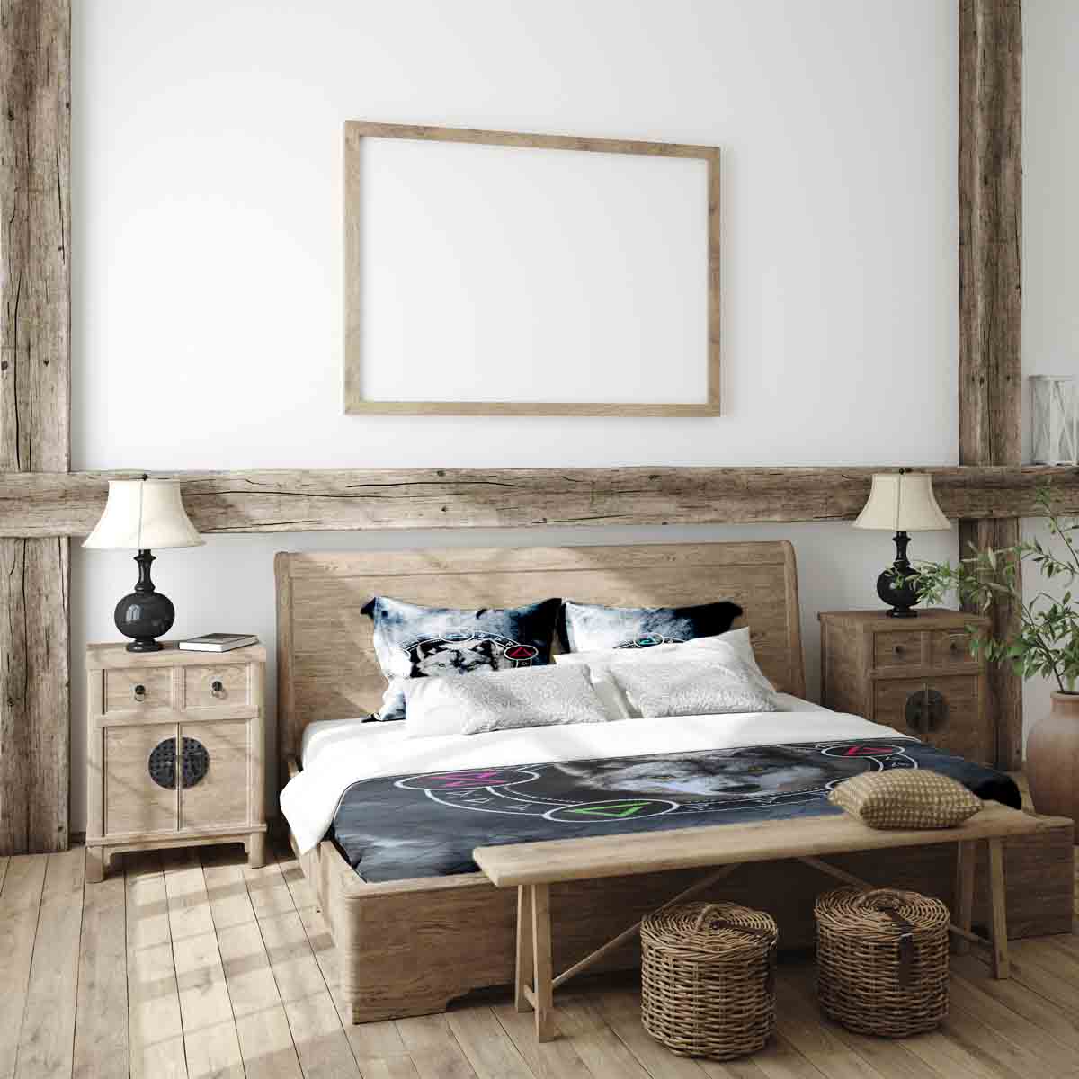 Original Therapiedecke - Ensemble de literie en coton gris avec loup