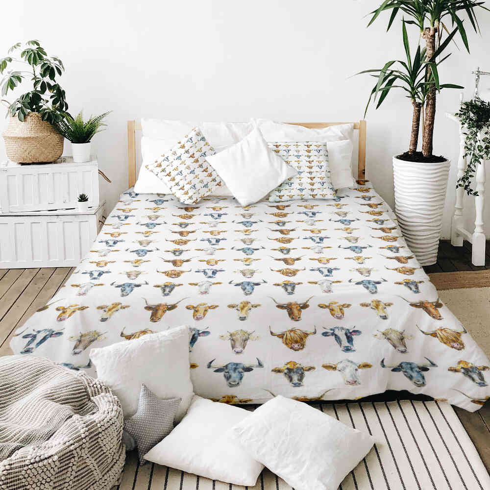 Couverture thérapeutique originale - Housse en coton blanc avec têtes de taureau