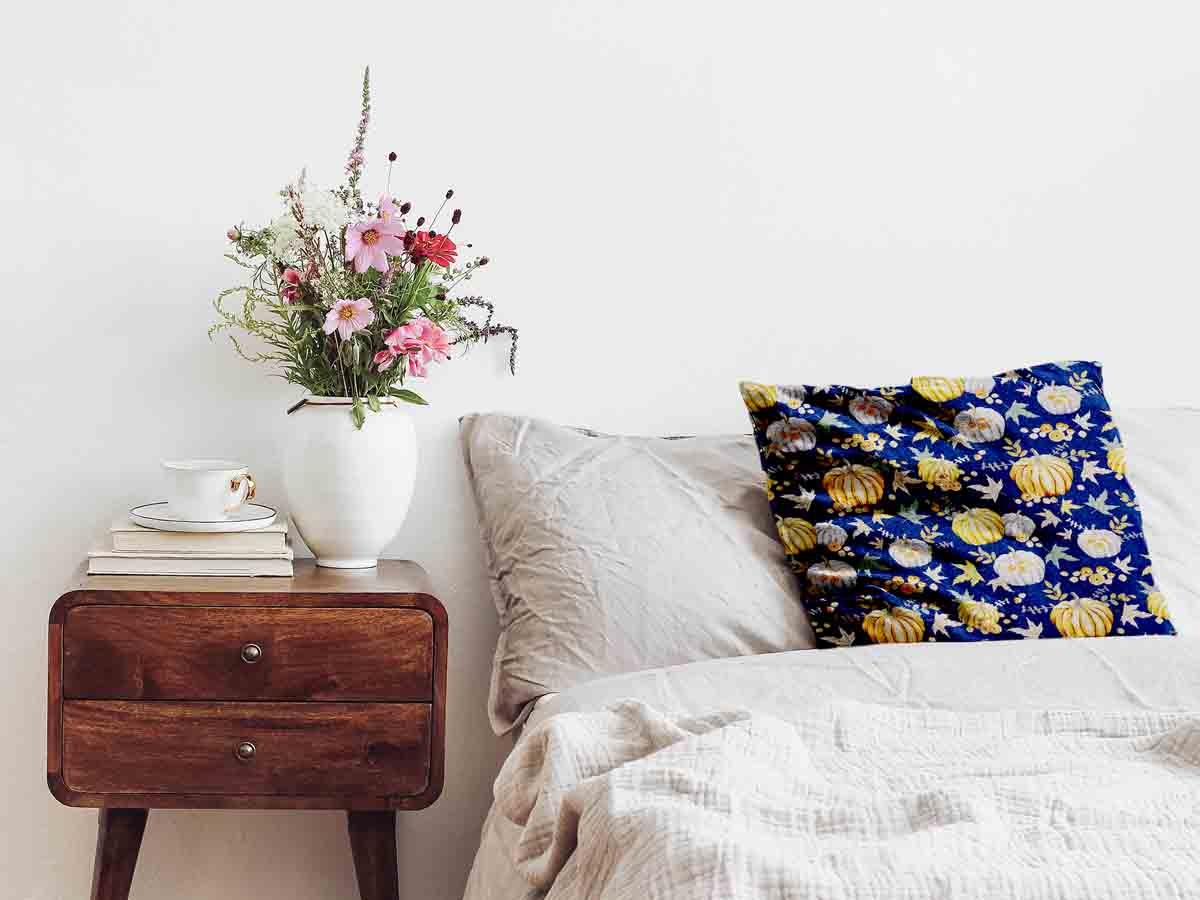 Coussin de santé bleu avec des citrouilles