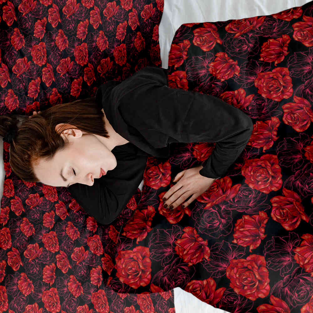 Couverture thérapeutique originale - Housse en coton noire avec des roses rouges
