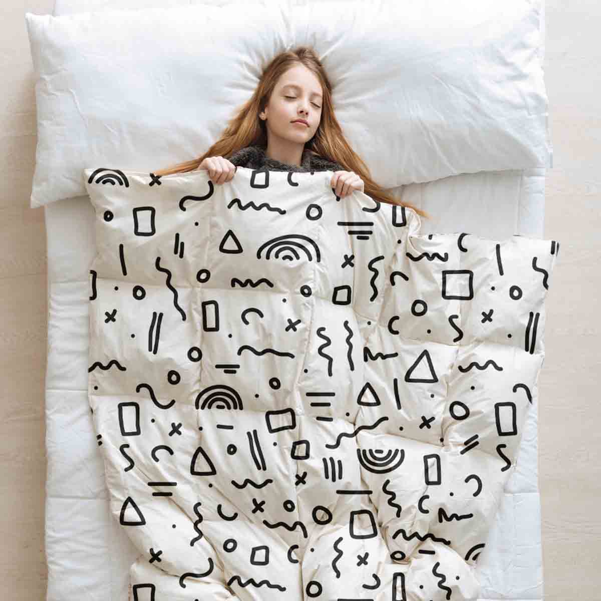 Couverture thérapeutique originale - Housse en coton blanc avec formes noires