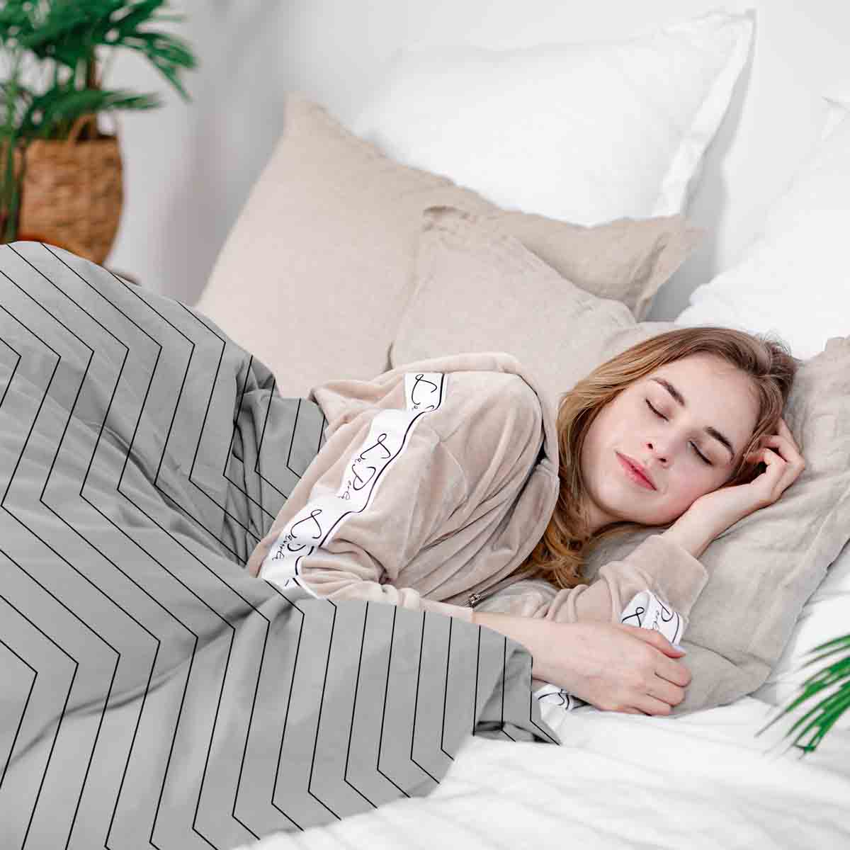 Ensemble de linge de lit avec couverture thérapeutique blanc avec zigzag noir