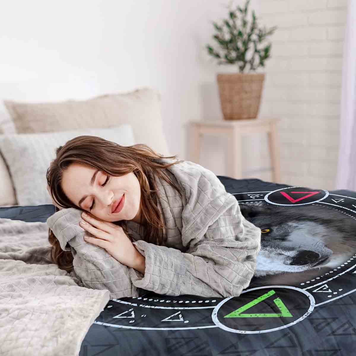 Original Therapiedecke - Ensemble de literie en coton gris avec loup