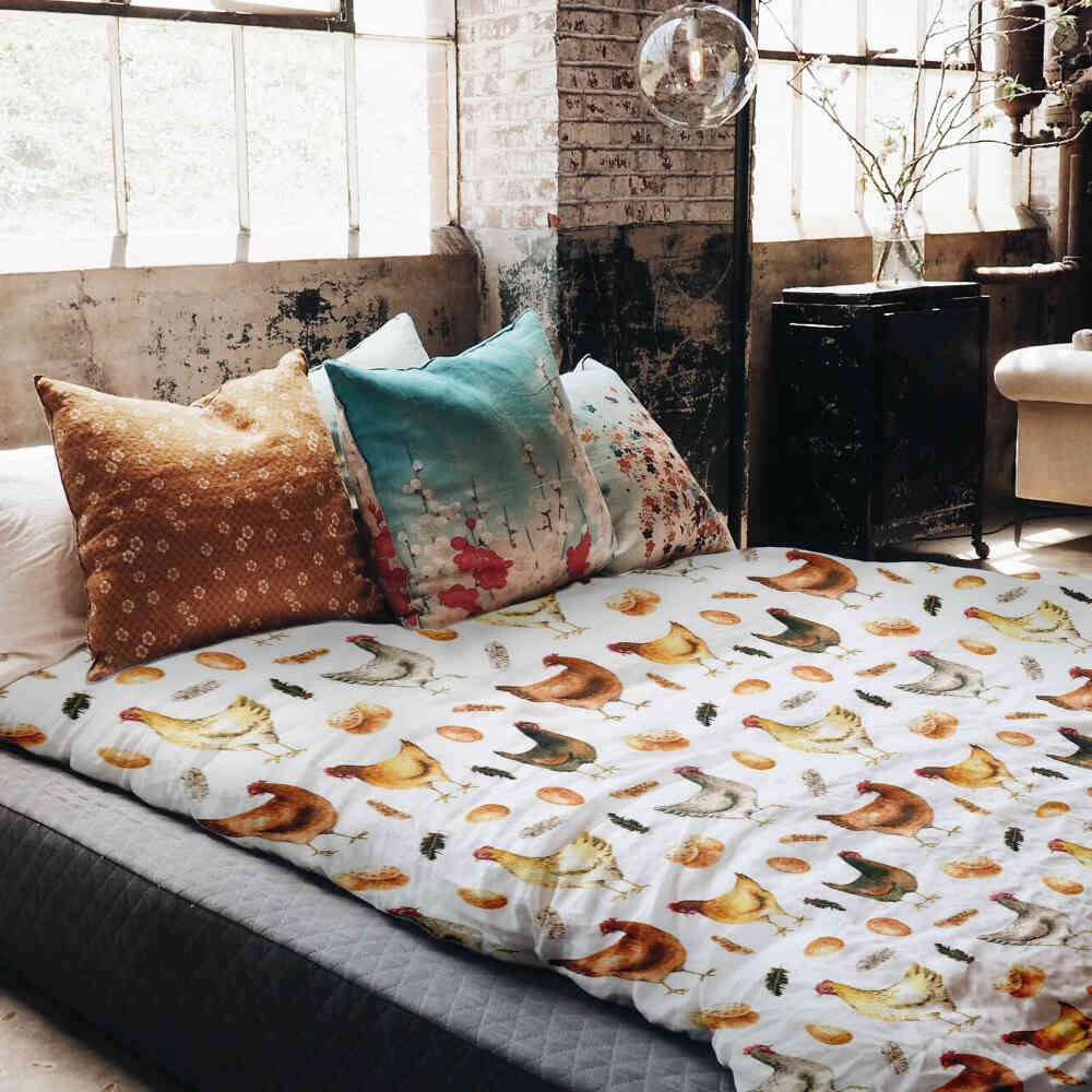 Couverture thérapeutique originale - Housse en coton blanche avec poules