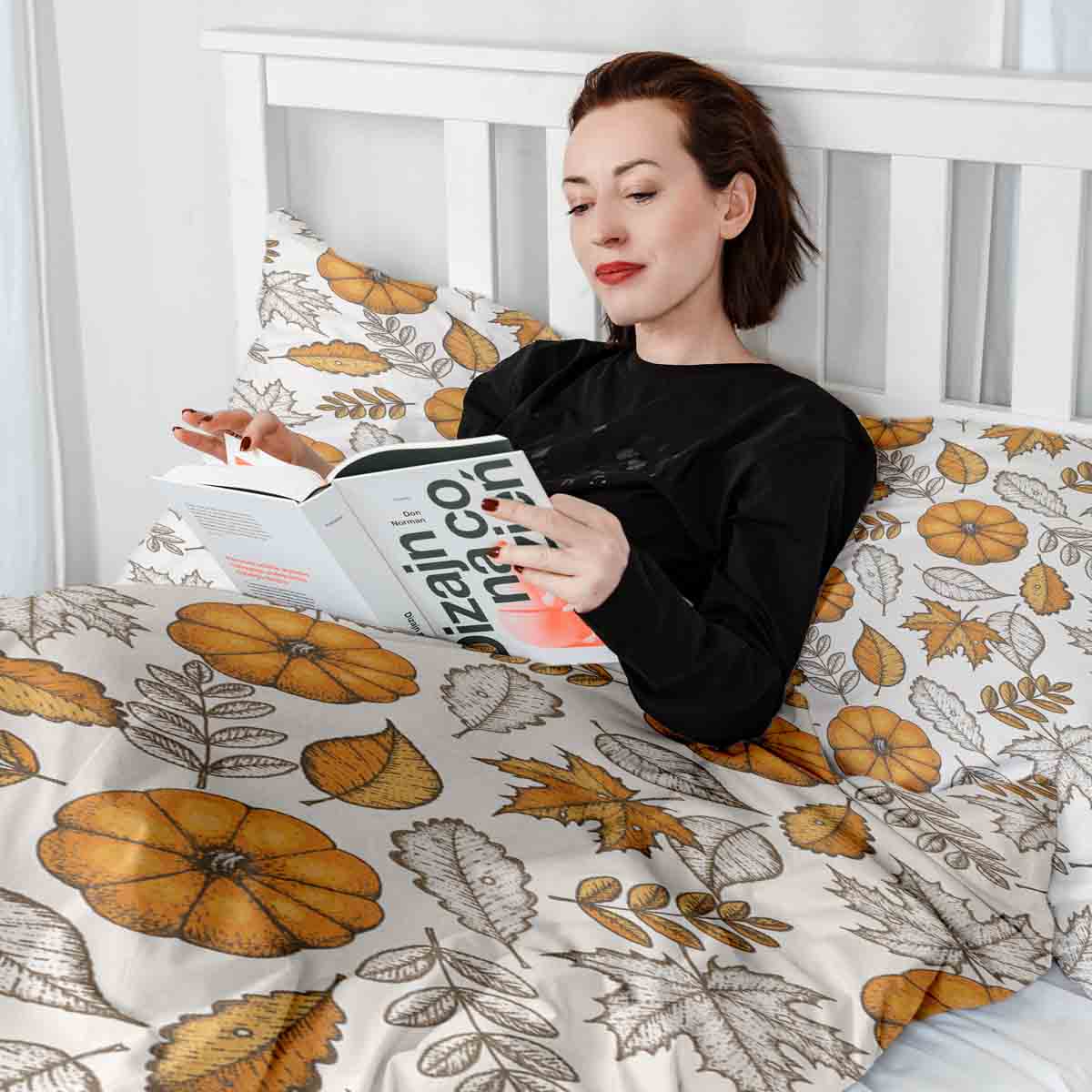 Ensemble de literie avec couverture thérapeutique blanc avec feuille et citrouille