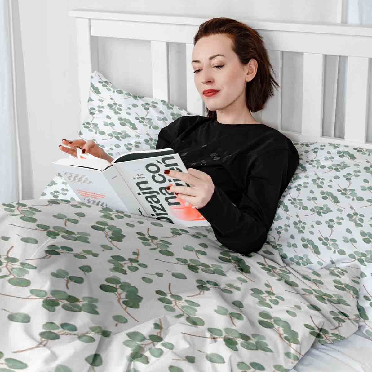 Ensemble de literie avec couverture thérapeutique blanc avec branches d'eucalyptus