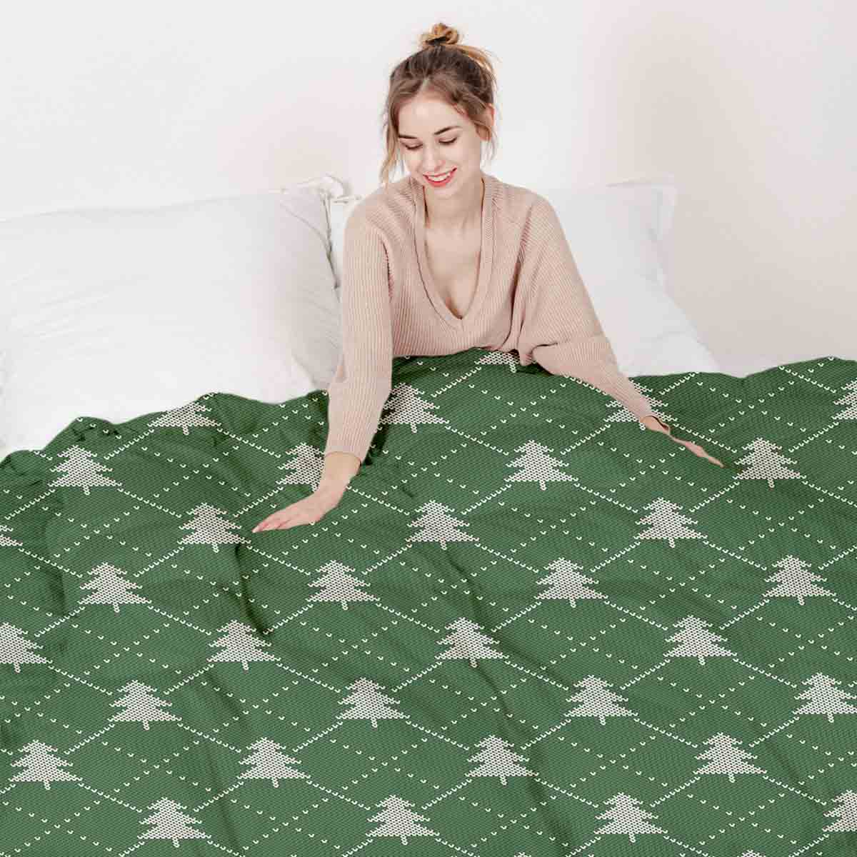 Couverture thérapeutique originale - Housse en coton verte avec des sapins