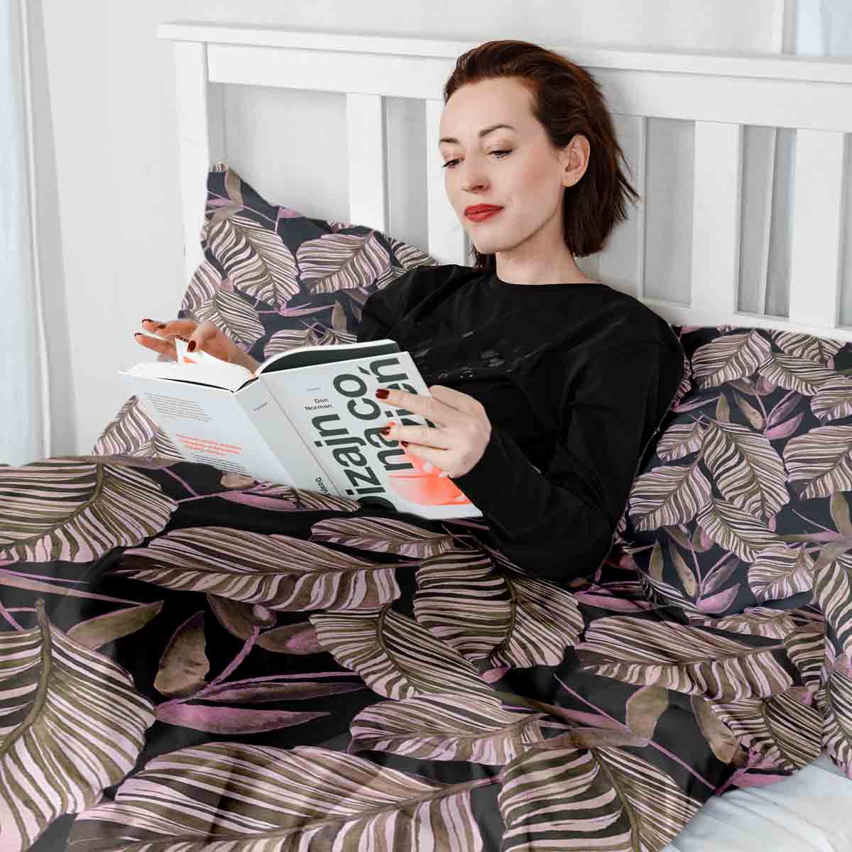 Original Therapiedecke - Ensemble de literie en coton Noir avec feuilles lilas