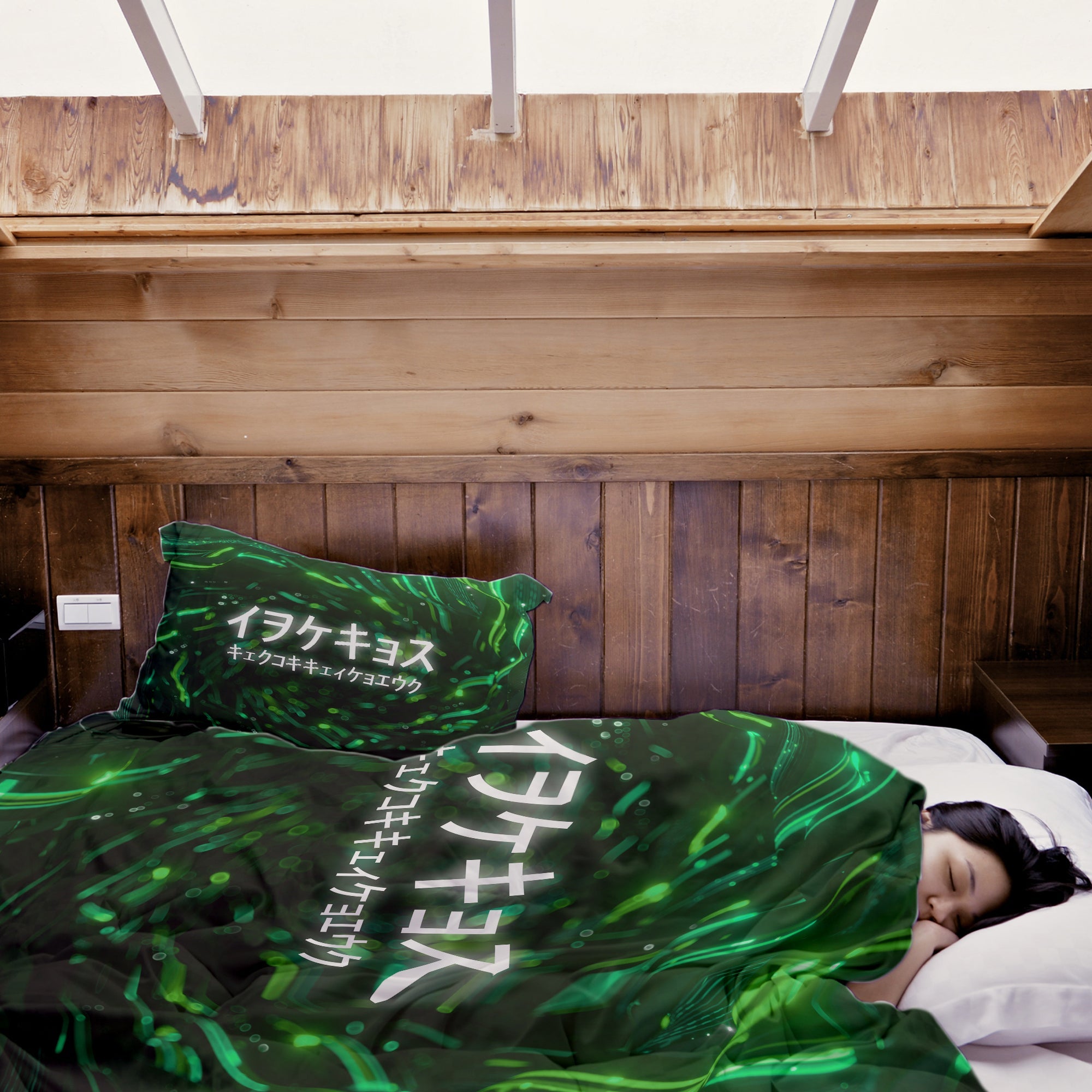 Couverture Thérapeutique Originale TD - Ensemble de Literie en Coton Vert avec Caractères Chinois