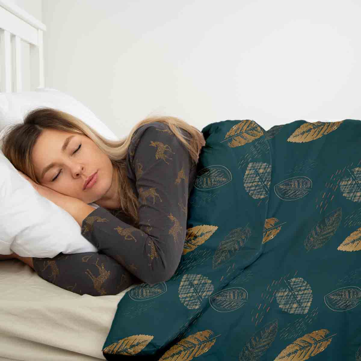 Couverture thérapeutique originale - Housse en coton verte avec feuille dorée