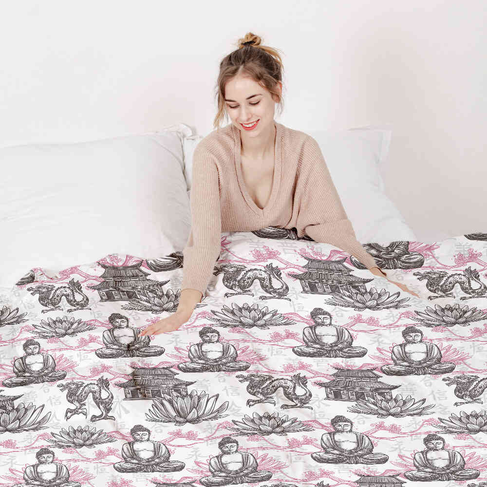 Couverture thérapeutique originale - Housse en coton avec Bouddha rose