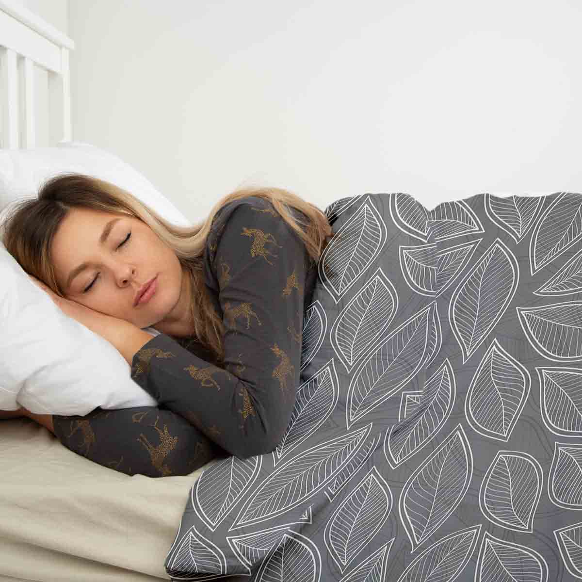 Original Therapiedecke - Ensemble de literie en coton Gris avec feuilles de palmier blanches