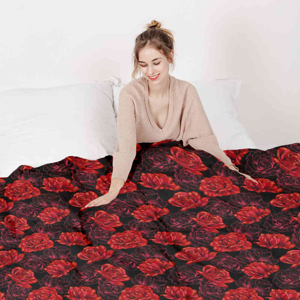 Original Therapiedecke - Ensemble de literie en coton noir avec roses rouges