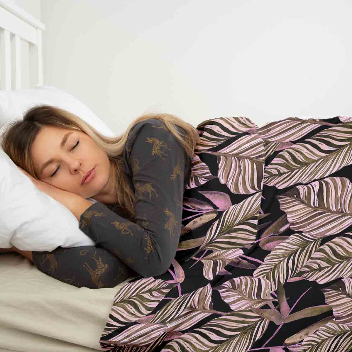 Original Therapiedecke - Ensemble de literie en coton Noir avec feuilles lilas